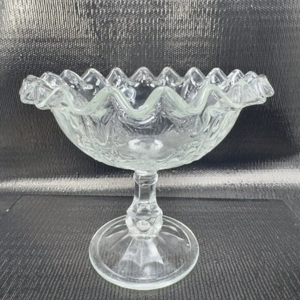 Antique Clear Footed Compote Dish‎ Bowl Wavy Edges Glassware Decor Dish Bowl VTG